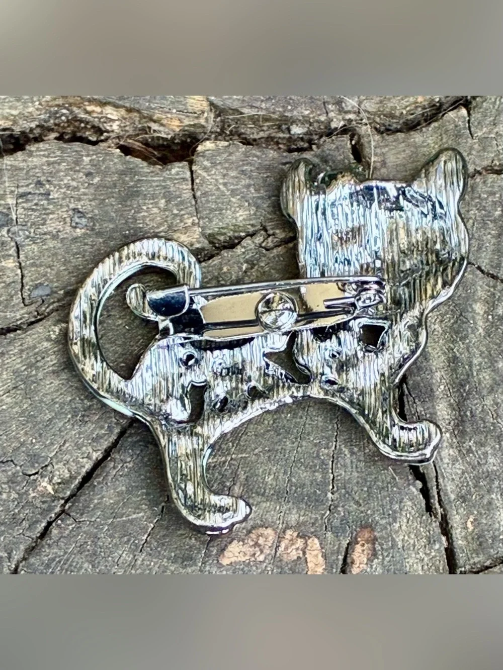 Hand-Painted Jeweled Cat Brooch - Pastel Green Floral Accents